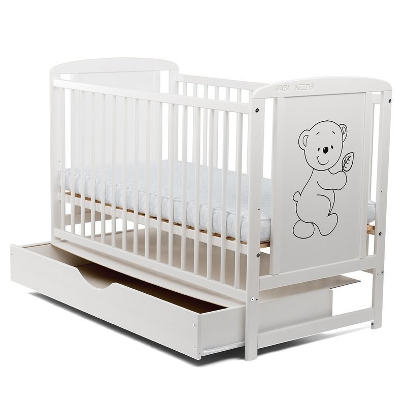 Patut lemn Babyneeds, Timmi, 120x60 cm, sertar capac, Inaltime saltea reglabila pe 3 nivele, Alb + Saltea 8 cm