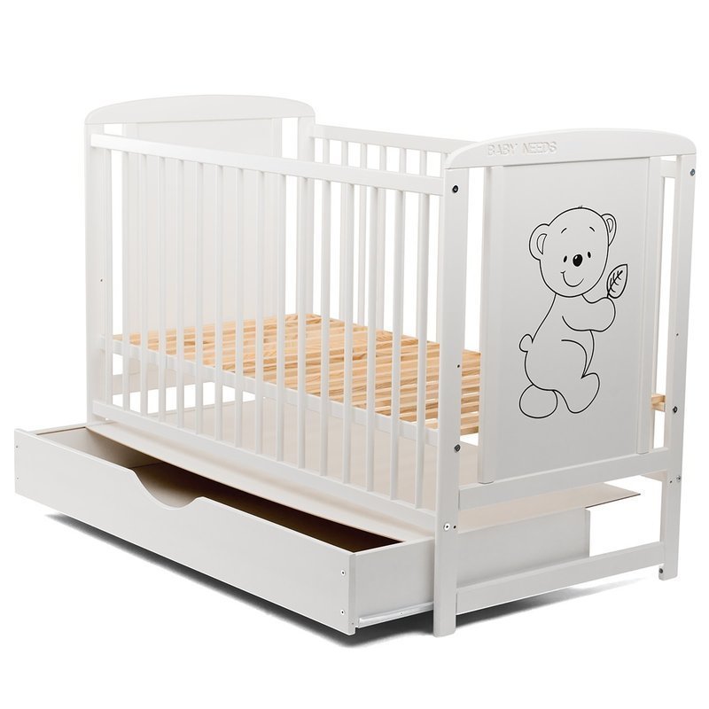 Patut lemn Babyneeds, Timmi, 120x60 cm, sertar capac, Inaltime saltea reglabila pe 3 nivele, Alb + Saltea 8 cm