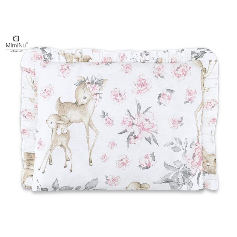 Perna clasica de dormit MimiNu, volanas, husa detasabila fermoar, bumbac certificat Oeko Tex Standard 100, 30x40 cm, Sweet Deer Pink