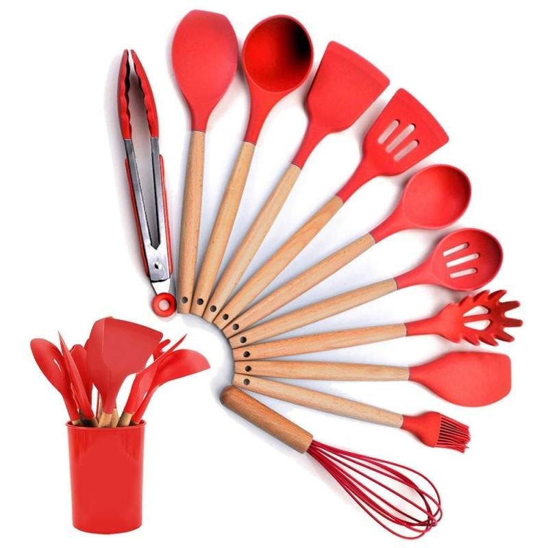 Set 12 Ustensile SIKS Din Silicon Alimentar, SPA12, Cu Maner De Lemn, Rosu