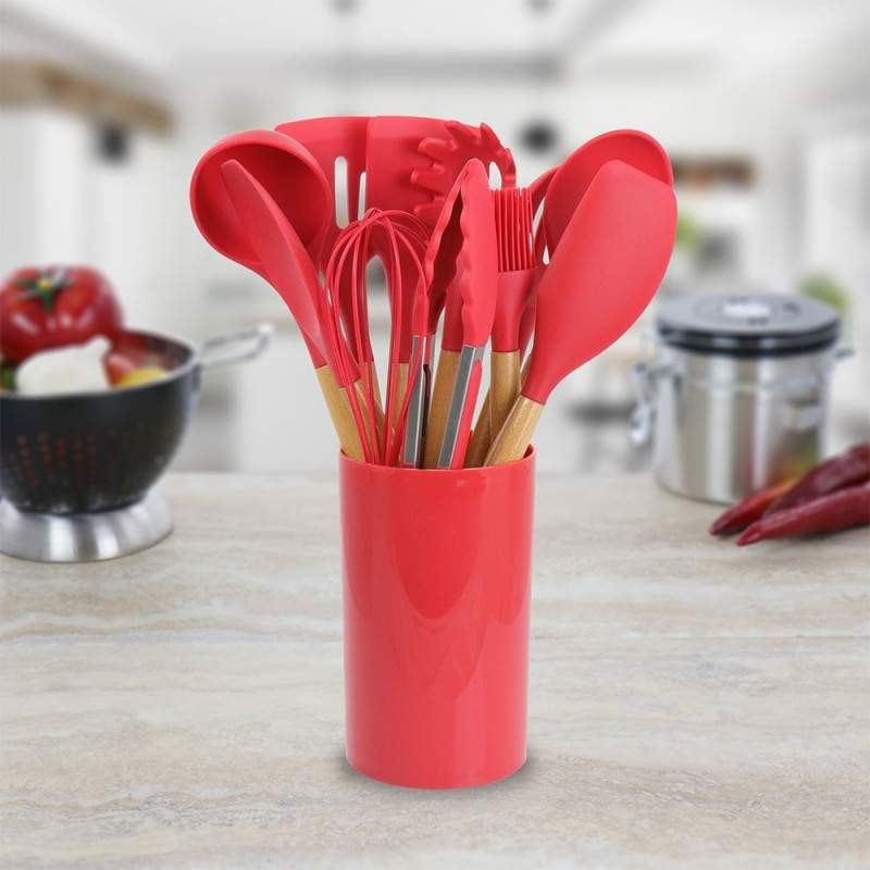 Set 12 Ustensile SIKS Din Silicon Alimentar, SPA12, Cu Maner De Lemn, Rosu