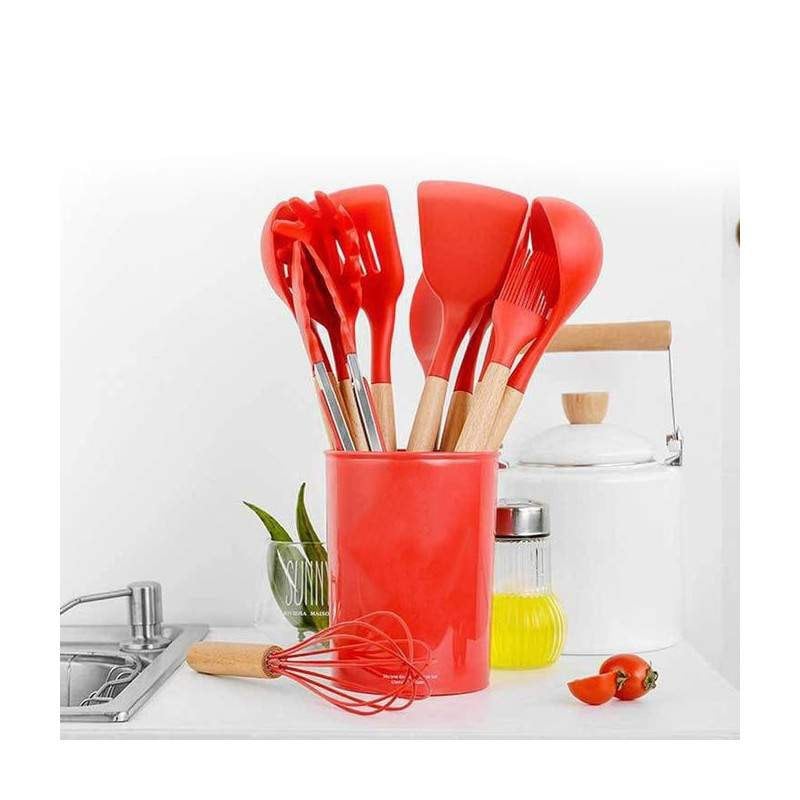 Set 12 Ustensile SIKS Din Silicon Alimentar, SPA12, Cu Maner De Lemn, Rosu