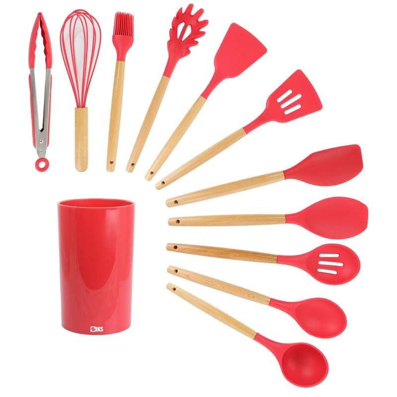Set 12 Ustensile SIKS Din Silicon Alimentar, SPA12, Cu Maner De Lemn, Rosu