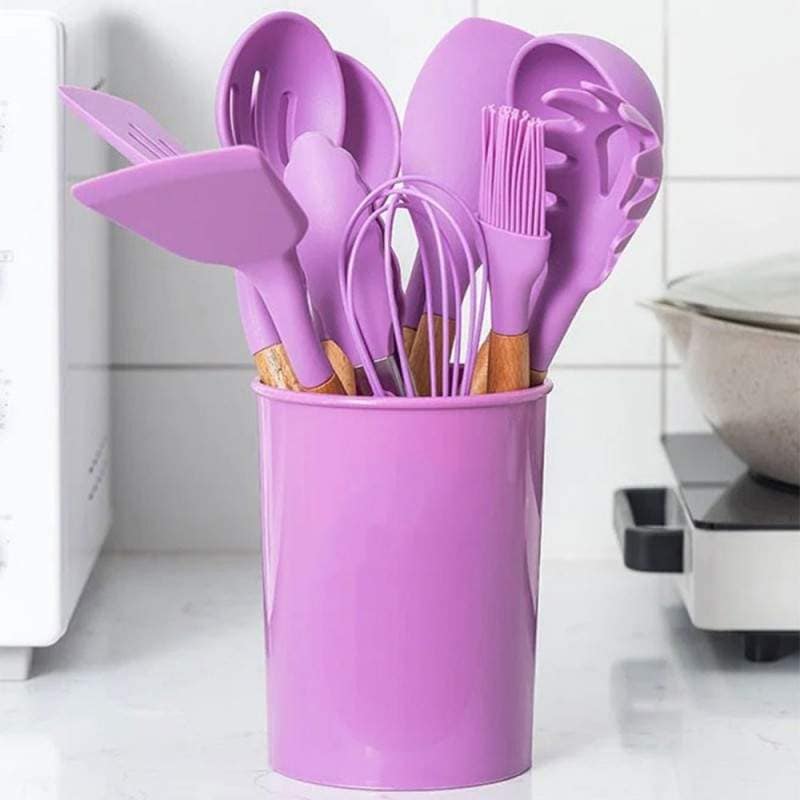 Set 12 Ustensile SIKS Din Silicon Alimentar, SPA12, Cu Maner De Lemn, Mov