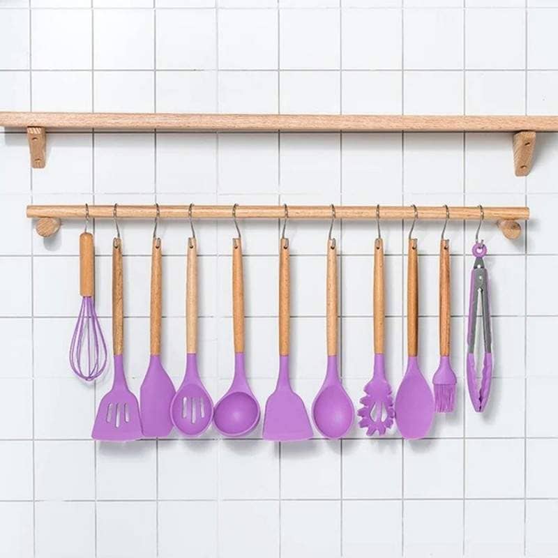Set 12 Ustensile SIKS Din Silicon Alimentar, SPA12, Cu Maner De Lemn, Mov