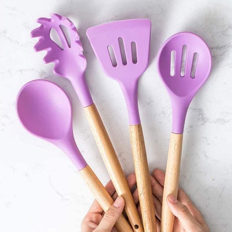 Set 12 Ustensile SIKS Din Silicon Alimentar, SPA12, Cu Maner De Lemn, Mov