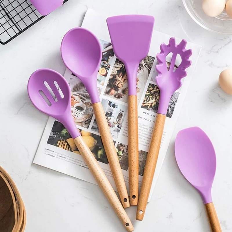 Set 12 Ustensile SIKS Din Silicon Alimentar, SPA12, Cu Maner De Lemn, Mov