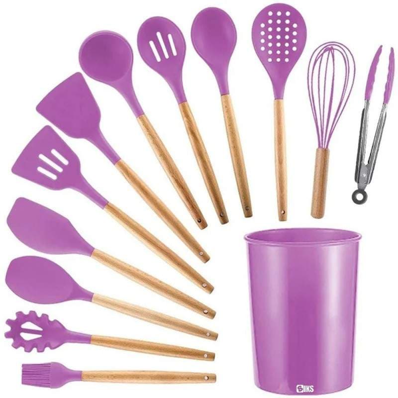 Set 12 Ustensile SIKS Din Silicon Alimentar, SPA12, Cu Maner De Lemn, Mov