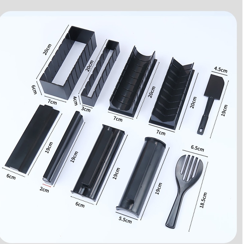 Set Preparare Sushi 10 Piese, 2 Spatule, 8 Forme Diferite, Plastic, Negru