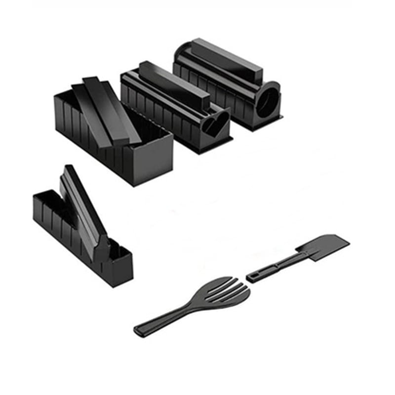 Set Preparare Sushi 10 Piese, 2 Spatule, 8 Forme Diferite, Plastic, Negru