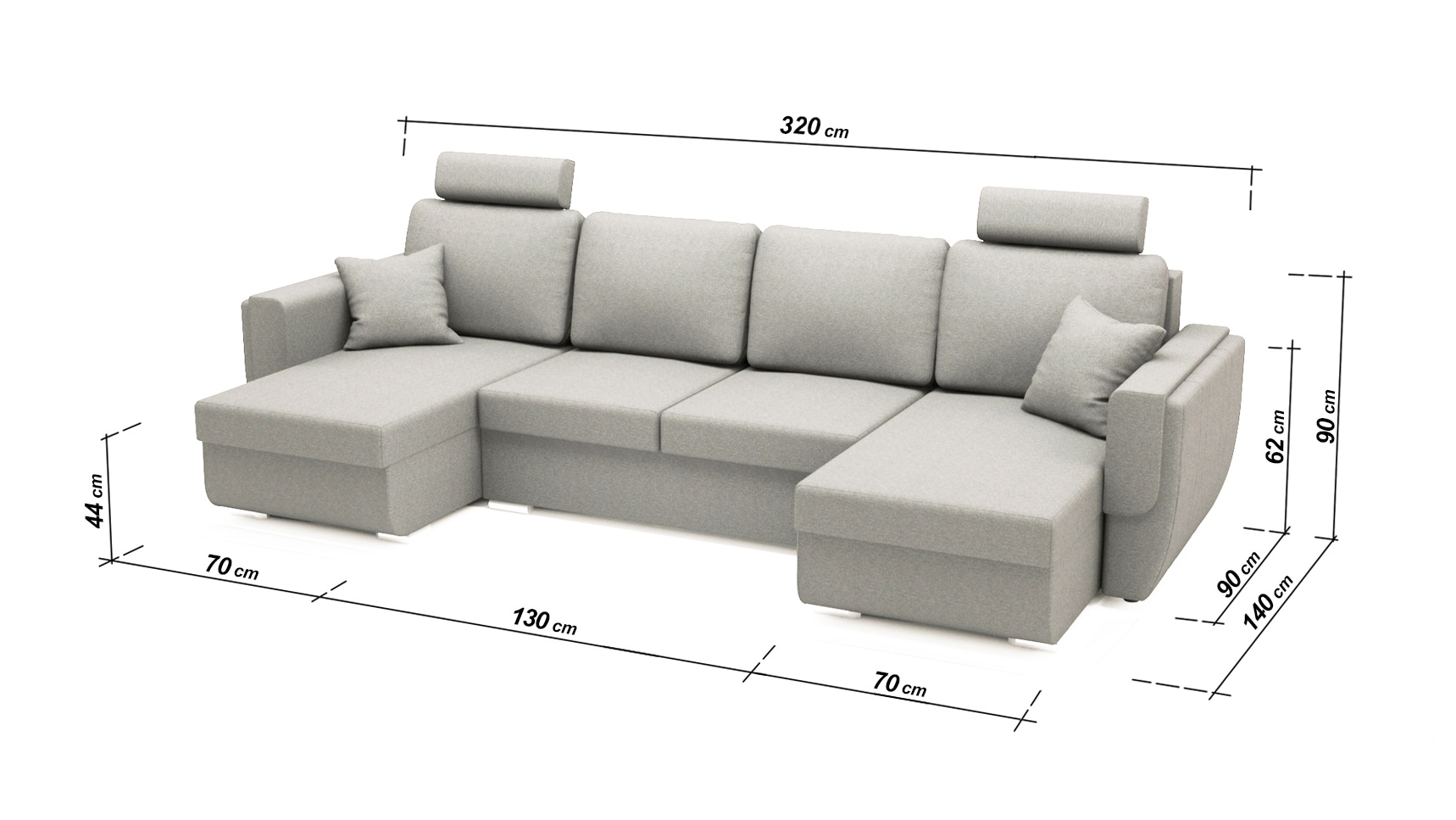 Canapea Tony U Shape Plus Grey, 320 x 140 x 90 cm