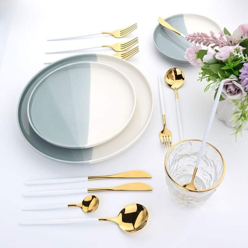 Set Tacamuri SIKS 24 Piese Stil Portughez, Otel Inoxidabil, Alb/Auriu