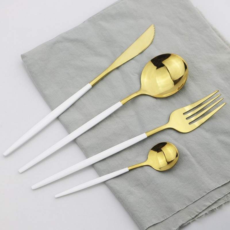 Set Tacamuri SIKS 24 Piese Stil Portughez, Otel Inoxidabil, Alb/Auriu