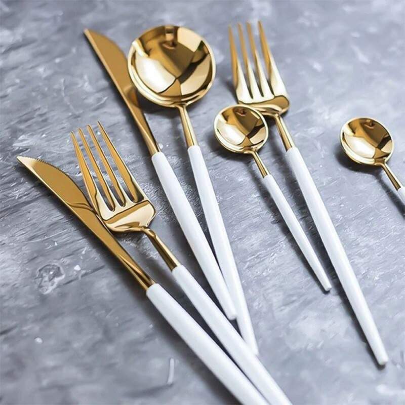 Set Tacamuri SIKS 24 Piese Stil Portughez, Otel Inoxidabil, Alb/Auriu