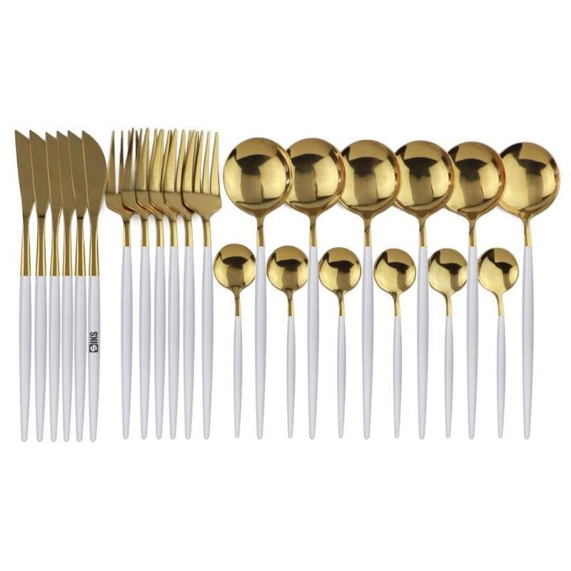 Set Tacamuri SIKS 24 Piese Stil Portughez, Otel Inoxidabil, Alb/Auriu