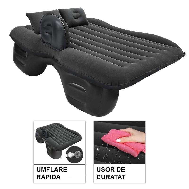 Saltea Auto Gonflabila SIKS Pentru Bancheta, 2 Perne Incluse Si Pompa, Negru
