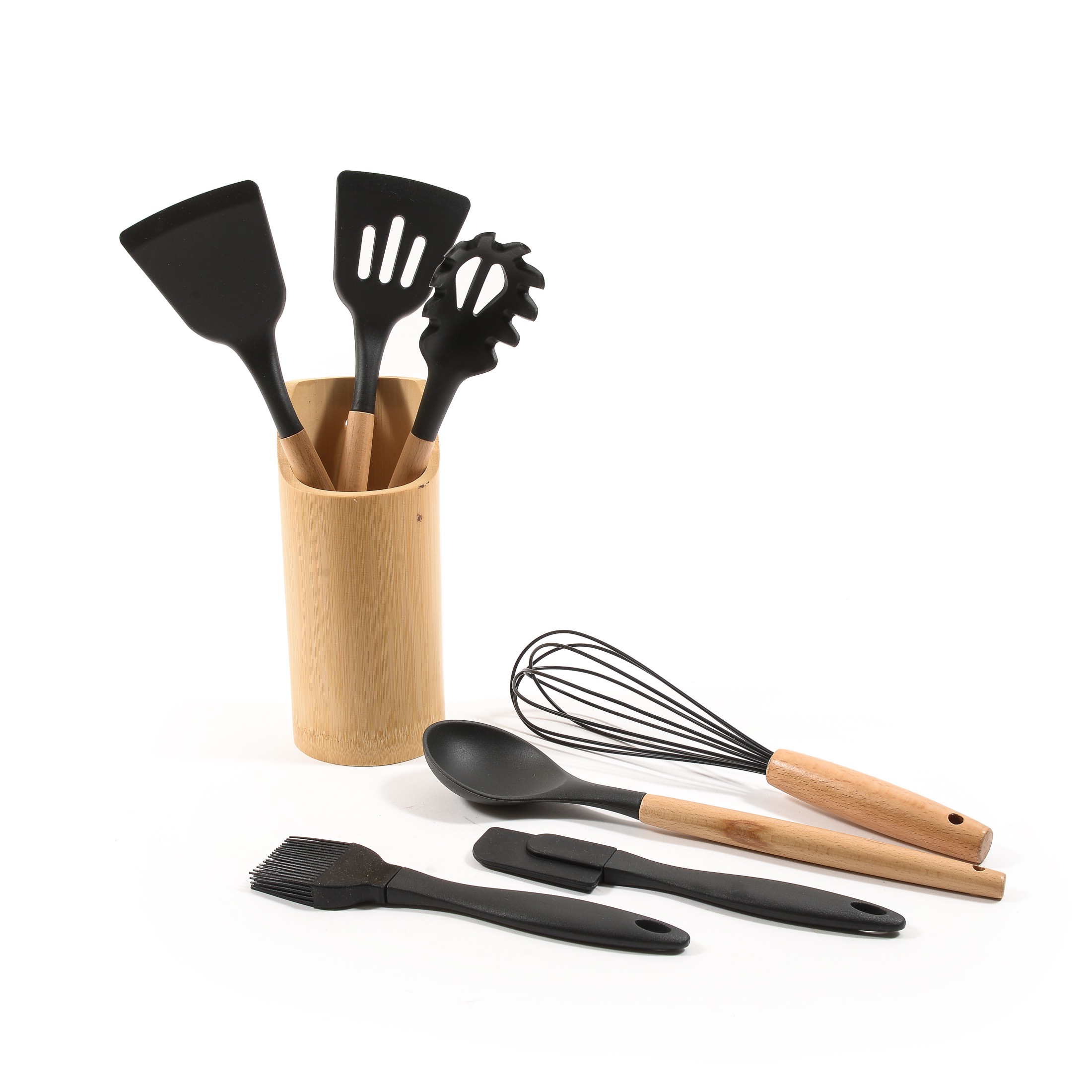 Set 7 ustensile bucatarie, lemn si silicon,  negru-natur