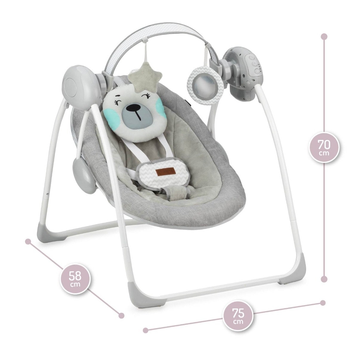 Leagan pentru bebelusi, MoMi LISS Bear, Gri/Turcoaz, 5 viteze de balansare, Cronometru, Alimentare baterii, 8 melodii, 2 jucarii incluse, Centura in 5 puncte