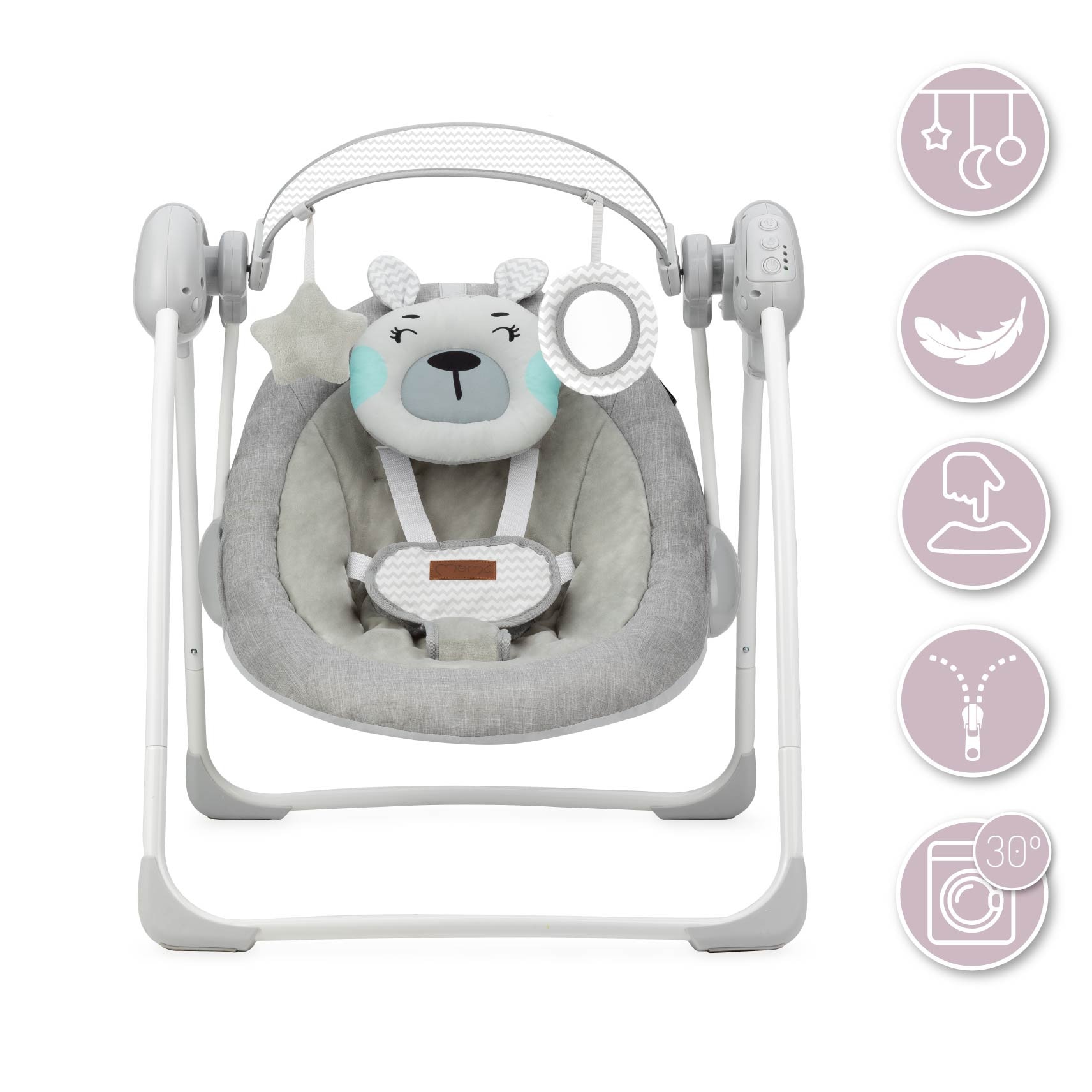 Leagan pentru bebelusi, MoMi LISS Bear, Gri/Turcoaz, 5 viteze de balansare, Cronometru, Alimentare baterii, 8 melodii, 2 jucarii incluse, Centura in 5 puncte