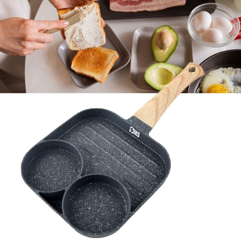Tigaie Antiaderenta SIKS, 3 Compartimente,Preparare Oua, Clatite, Sandwich-uri, Maner din Lemn, Gri Inchis