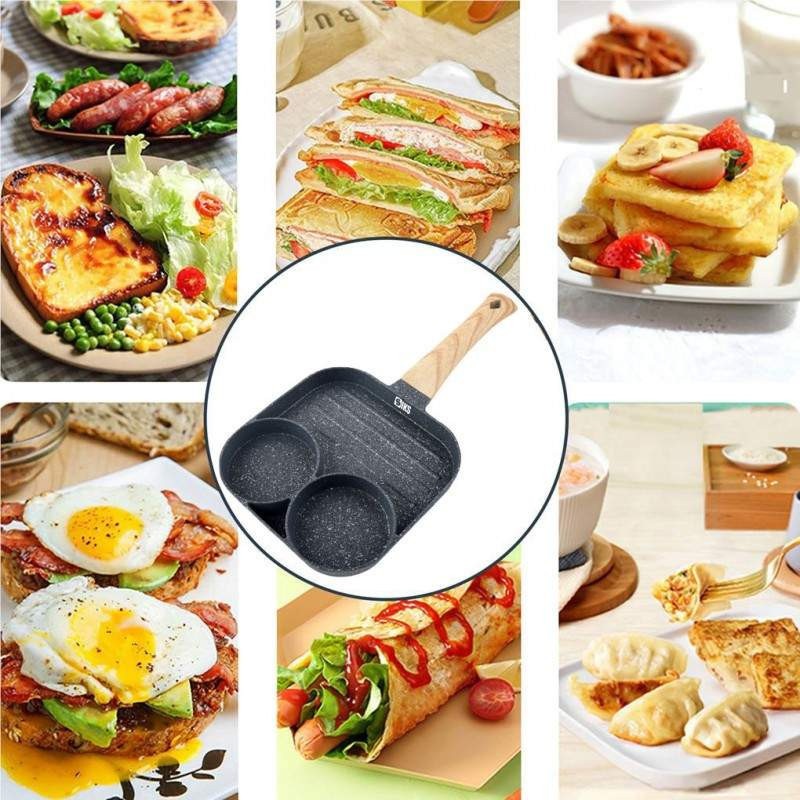 Tigaie Antiaderenta SIKS, 3 Compartimente,Preparare Oua, Clatite, Sandwich-uri, Maner din Lemn, Gri Inchis