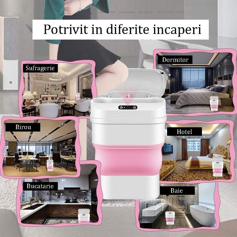 Cos De Gunoi Smart SIKS, Cu Senzor De Miscare, Alb/Roz, Pliabil, Cu Capac Automat, Capacitate 8 - 17 L