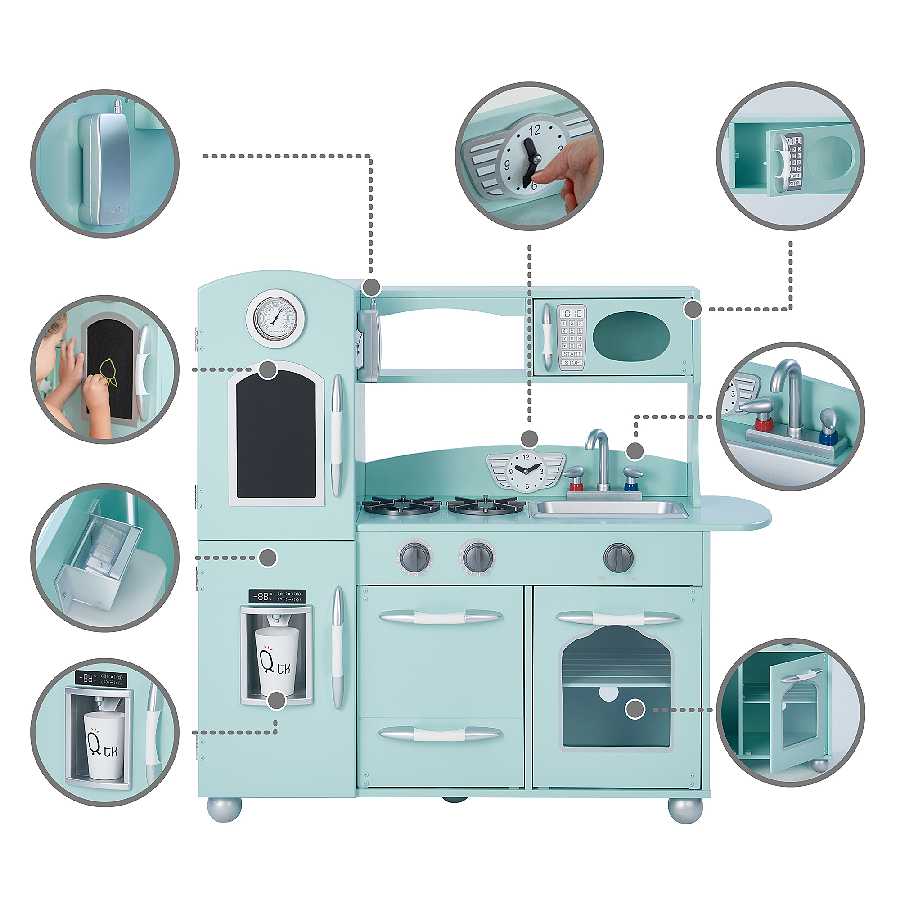 Set bucatarie copii DacEnergy, realizata din MDF, chiuveta, cuptor, frigider, microunde, o tabla, dulap de depozitare, 97.2 x29.2 x93.4 cm, verde menta