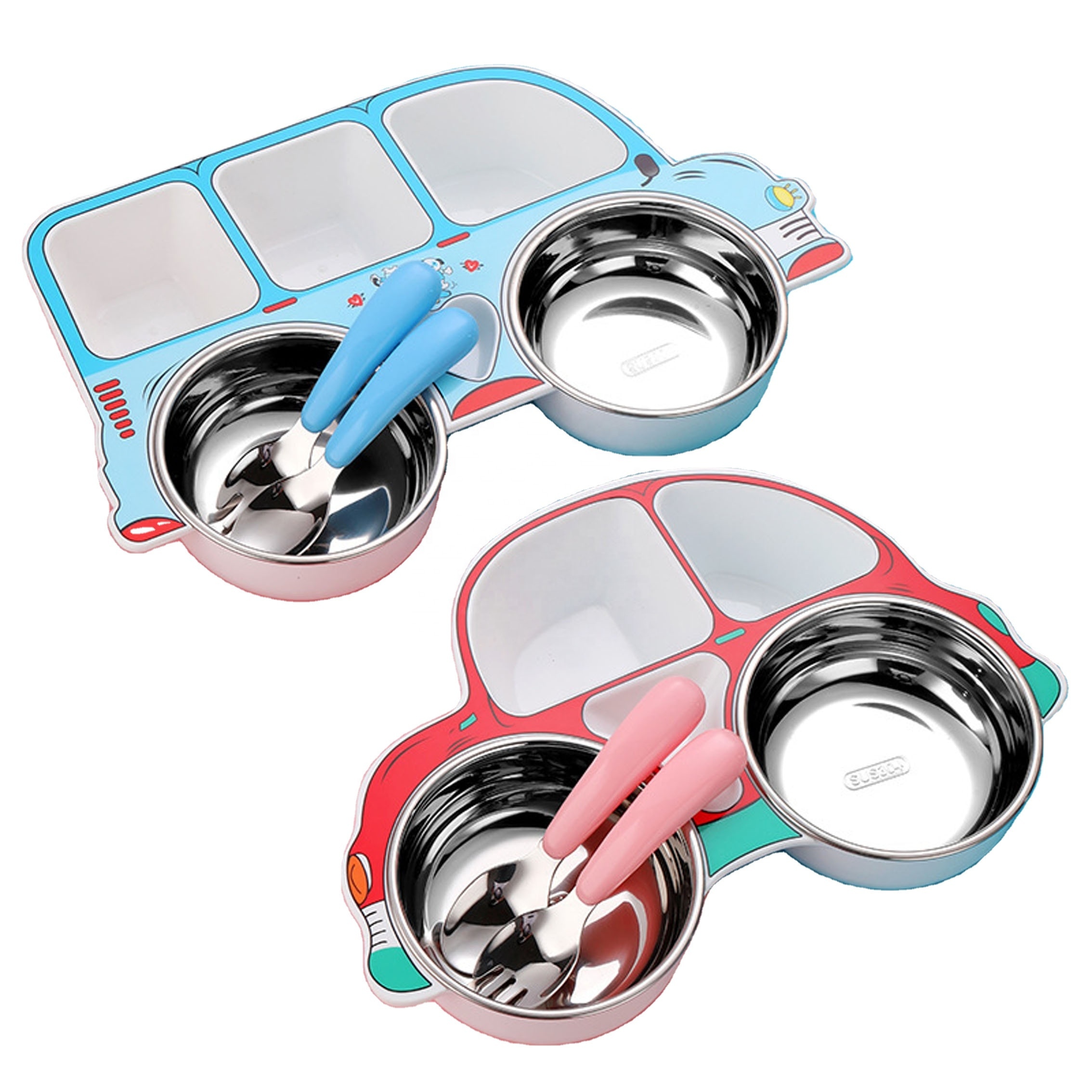 Set diversificare copii forma autobuz, farfurie compartimentata inox, tacamuri lingura si furculita, albastru, MEDILOGIC