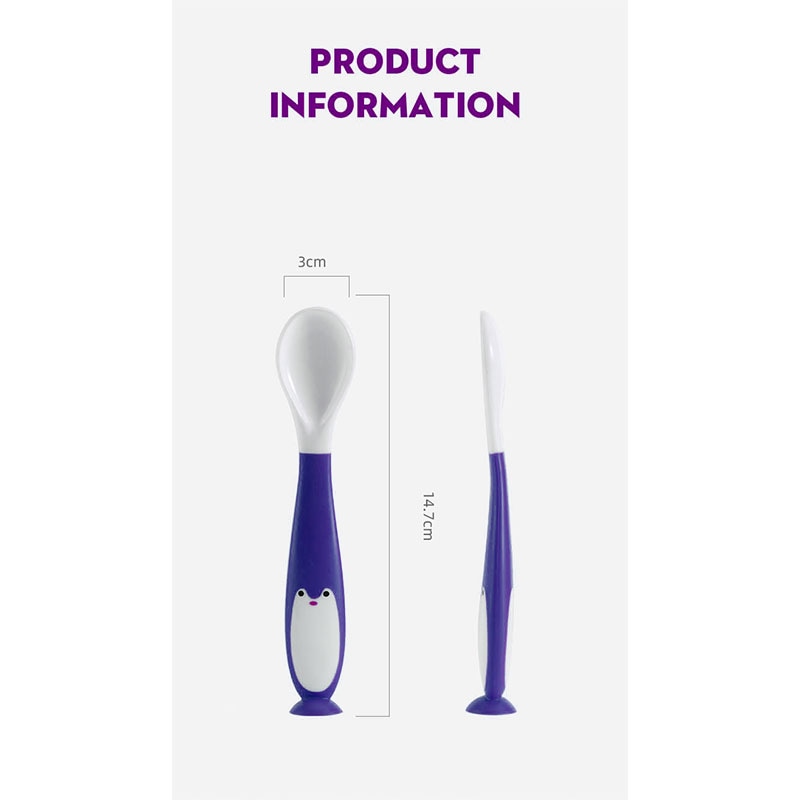 Set tacamuri lingurita si furculita de antrenament hranire pentru bebelusi si copii, flexibila, model pinguin, albastru, bebeLOGIC