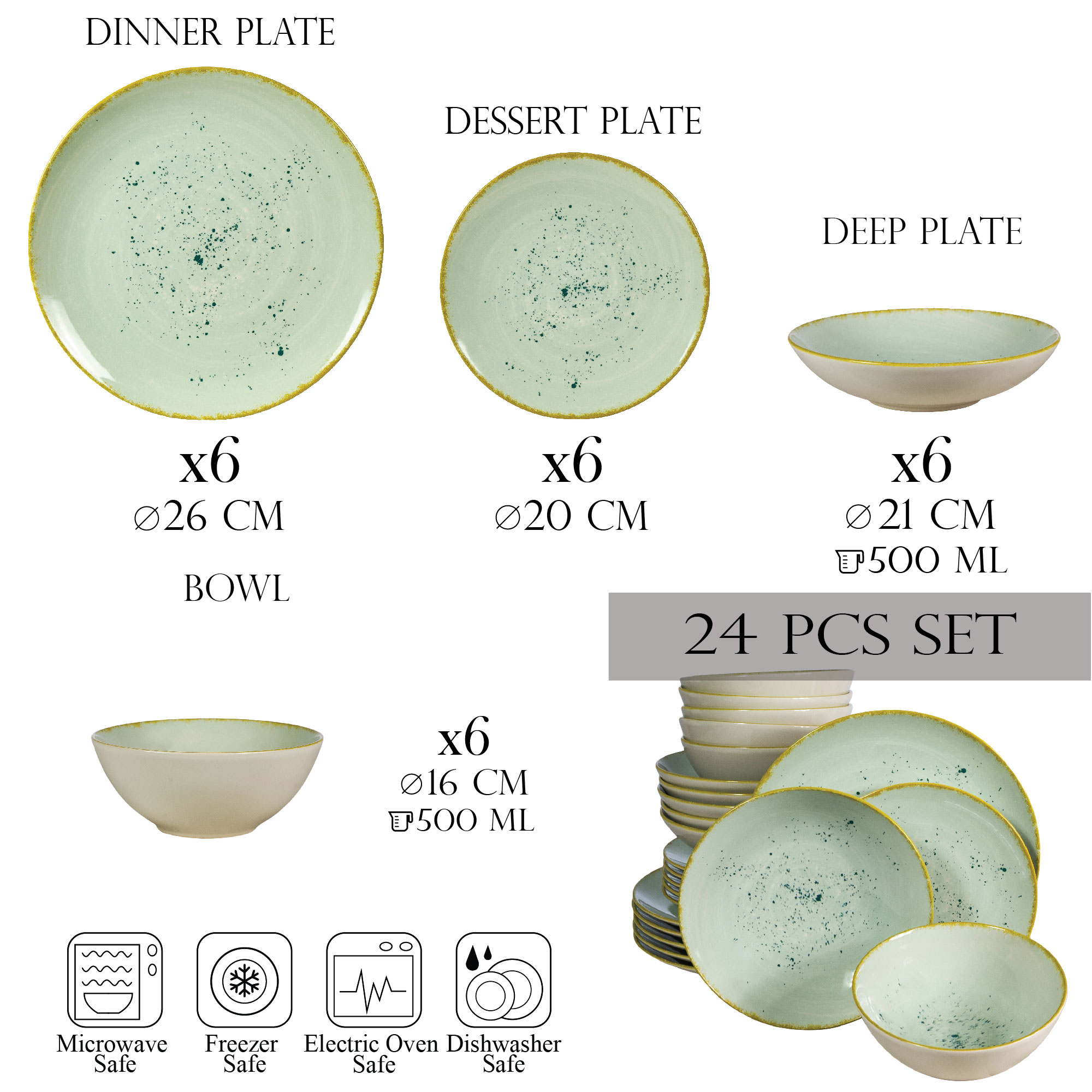 Set Complet Serviciu De Masa, Light Pistachio, 24 piese, Cesiro, Verde Pastel