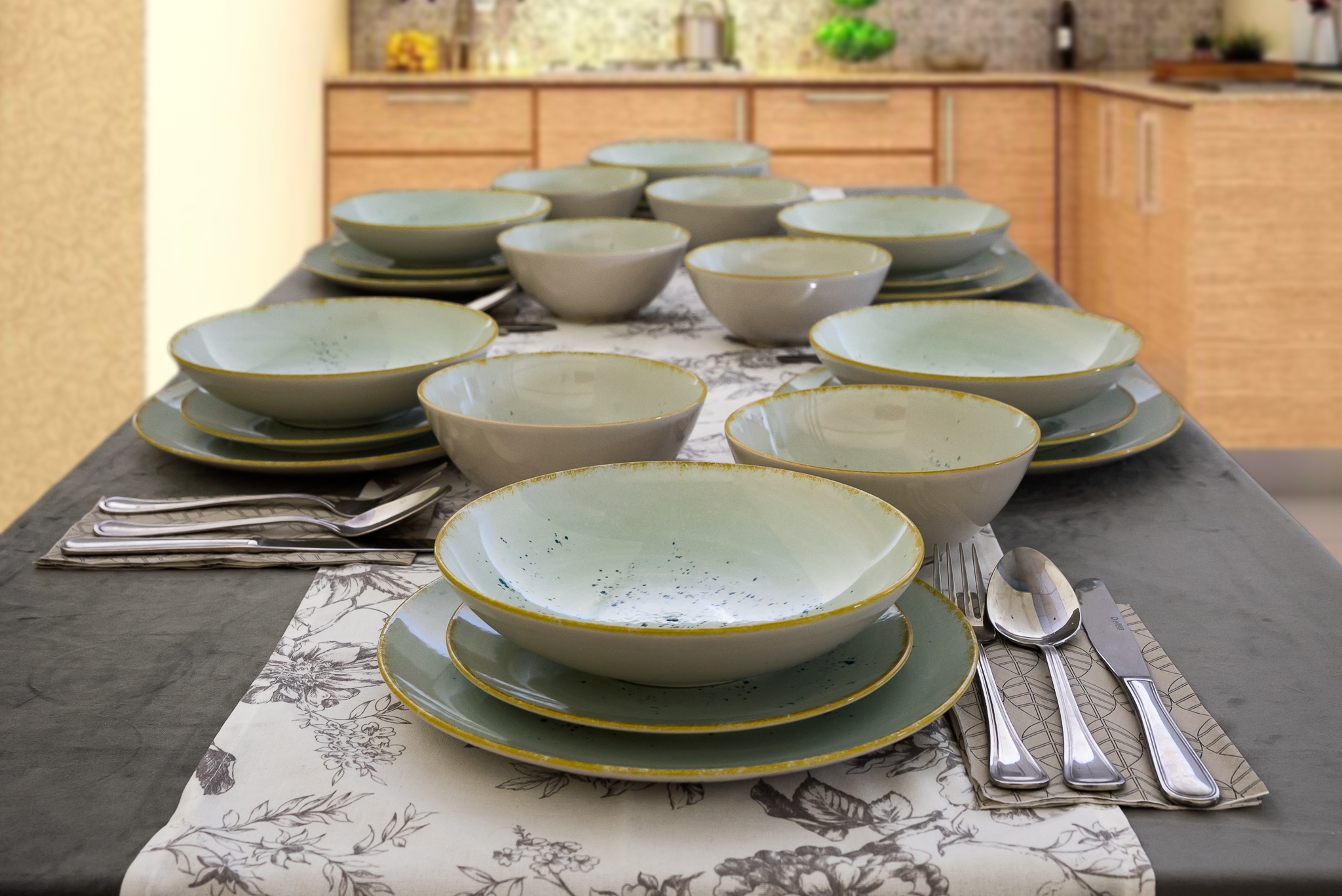 Set Complet Serviciu De Masa, Light Pistachio, 24 piese, Cesiro, Verde Pastel
