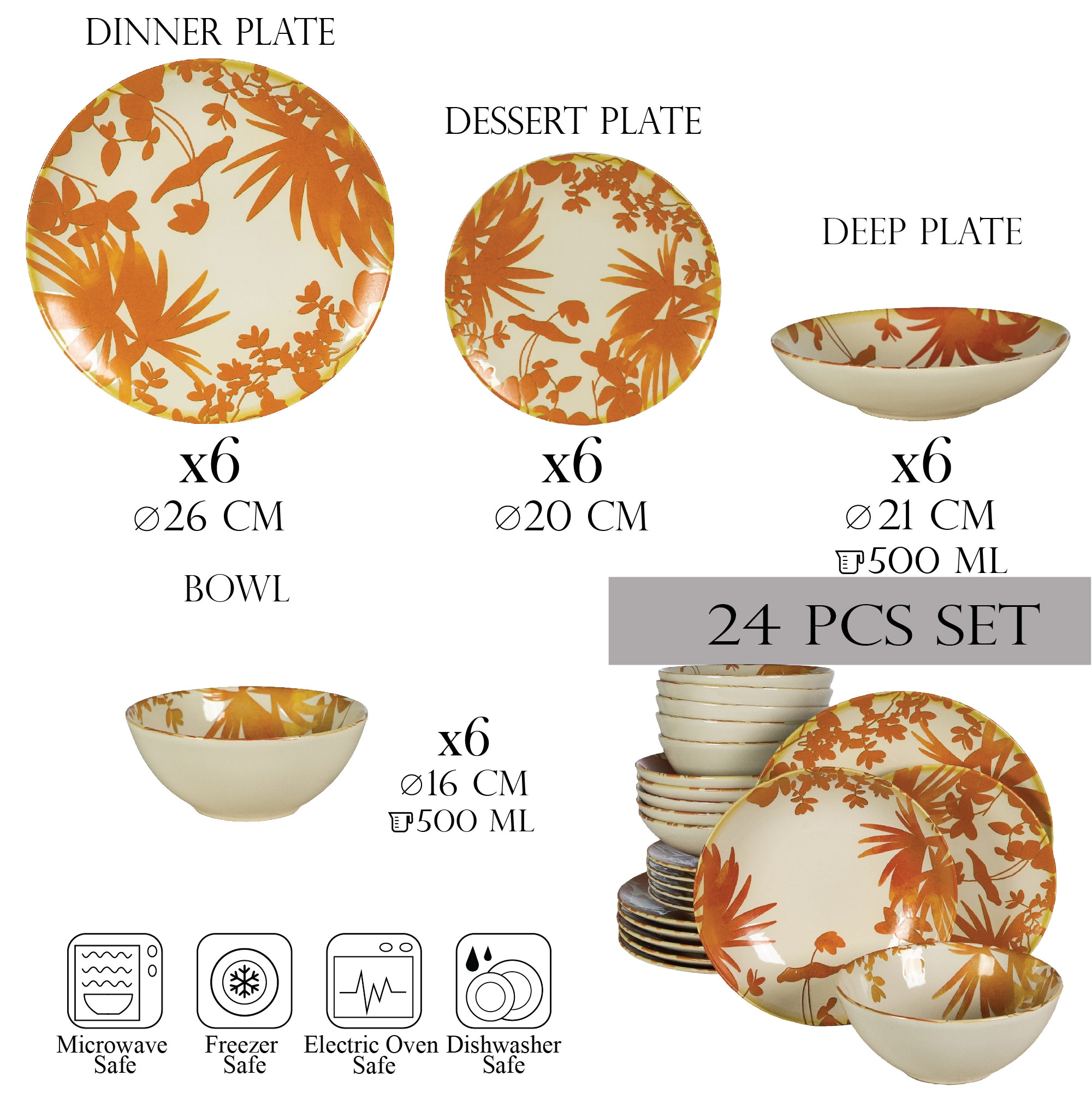 Set Complet Serviciu De Masa, Hawaii, 24 piese, Cesiro, Alb ivoire cu frunze portocalii