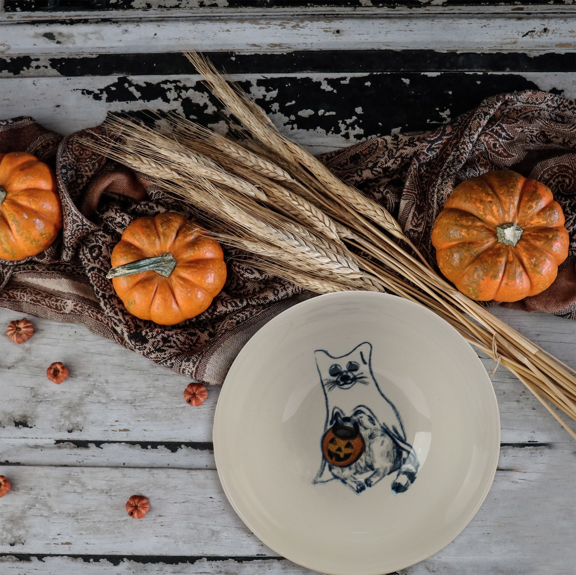 Set Complet Serviciu De Masa, Pumpkin Cat, 24 piese, Cesiro, Ivoire cu Pisica