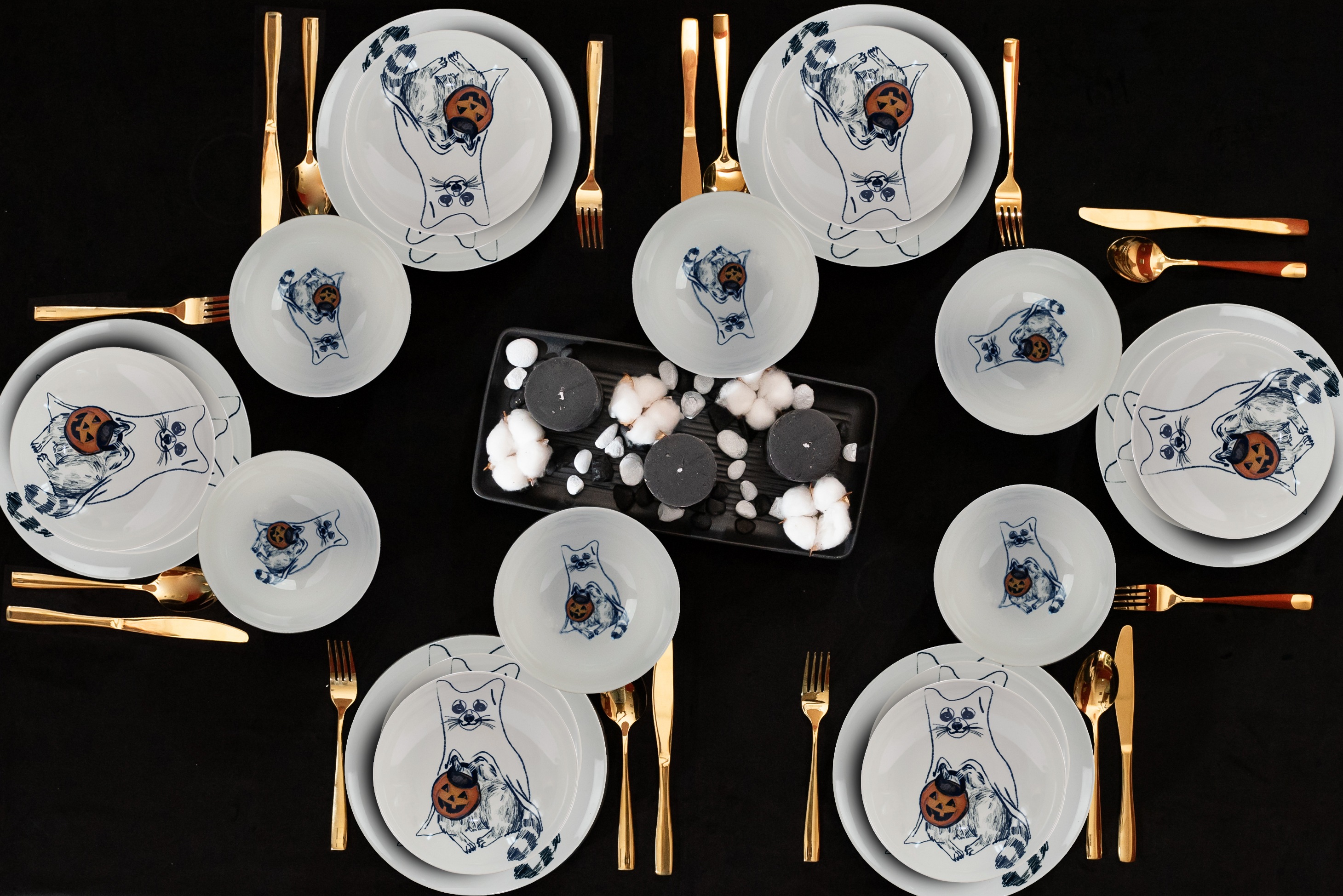 Set Complet Serviciu De Masa, Pumpkin Cat, 24 piese, Cesiro, Ivoire cu Pisica