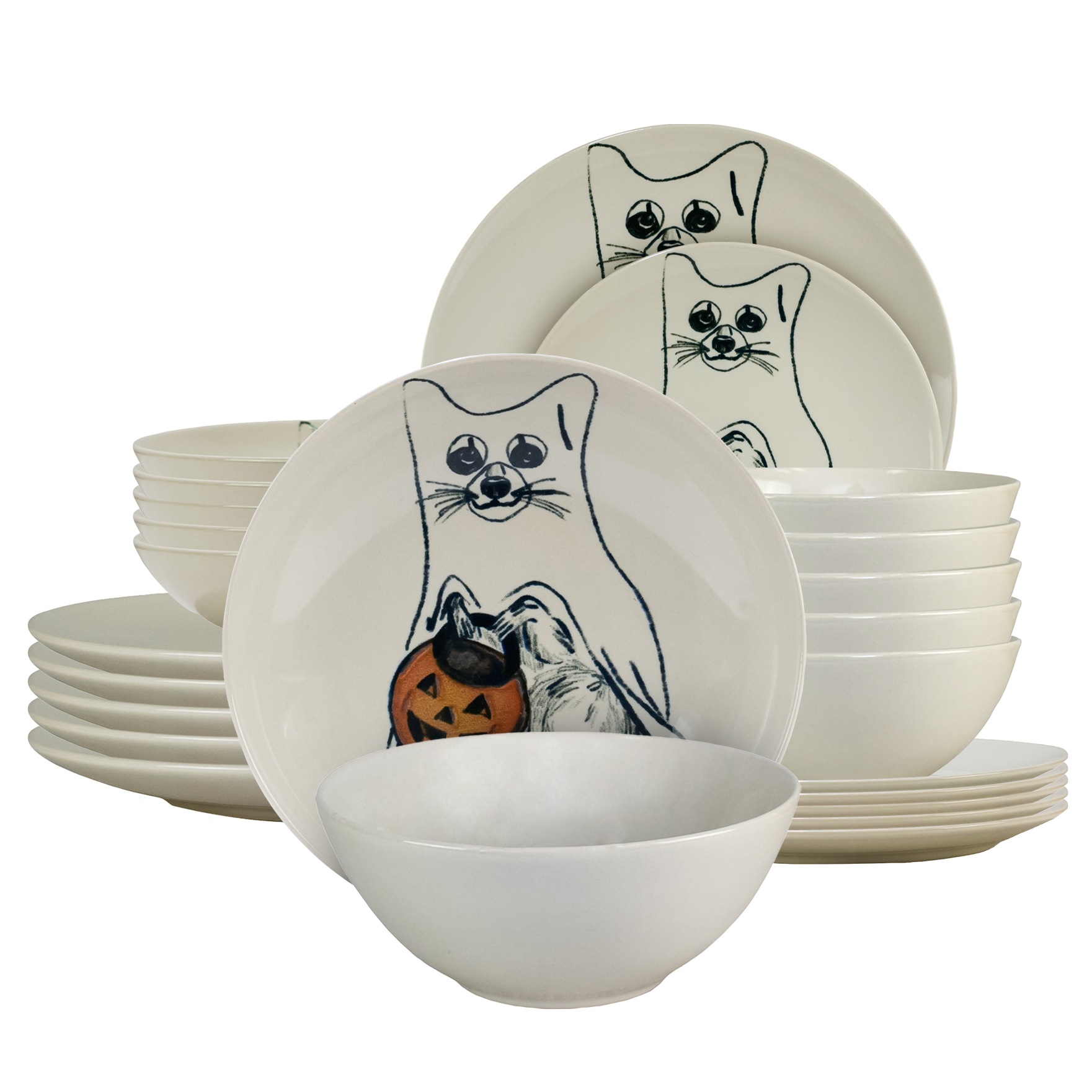 Set Complet Serviciu De Masa, Pumpkin Cat, 24 piese, Cesiro, Ivoire cu Pisica