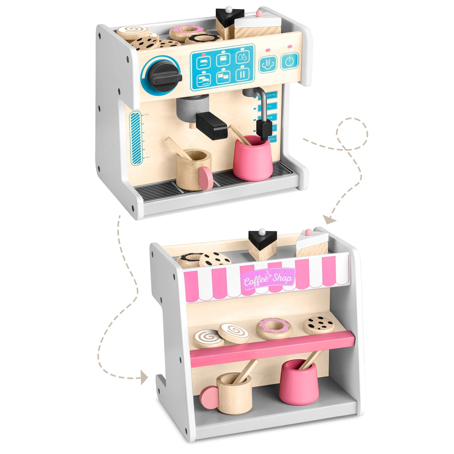 Set patiserie si aparat de cafea DacEnergy, realizat din lemn, cu prajituri, vesela, 26 x 18,5 x 24 cm, alba