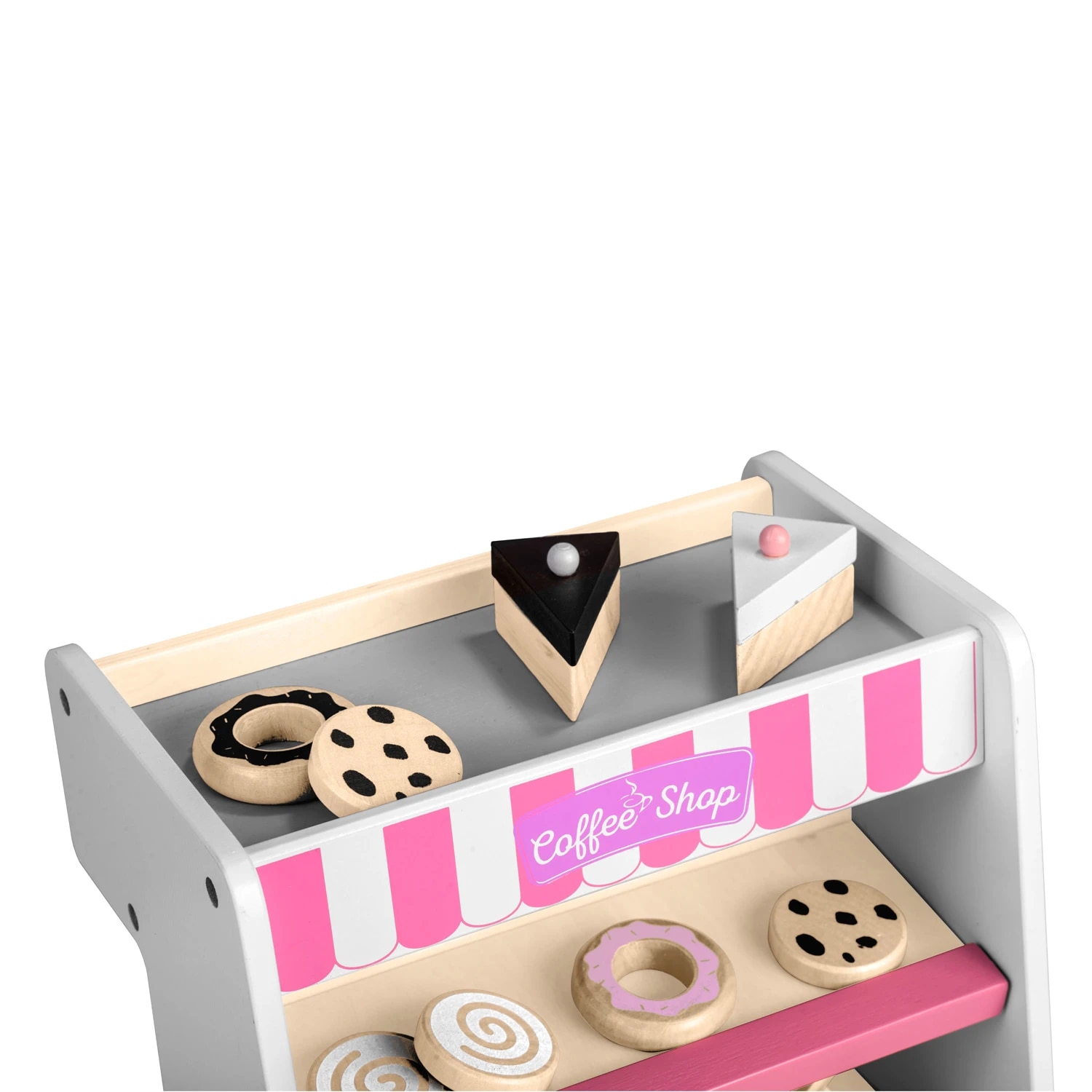 Set patiserie si aparat de cafea DacEnergy, realizat din lemn, cu prajituri, vesela, 26 x 18,5 x 24 cm, alba