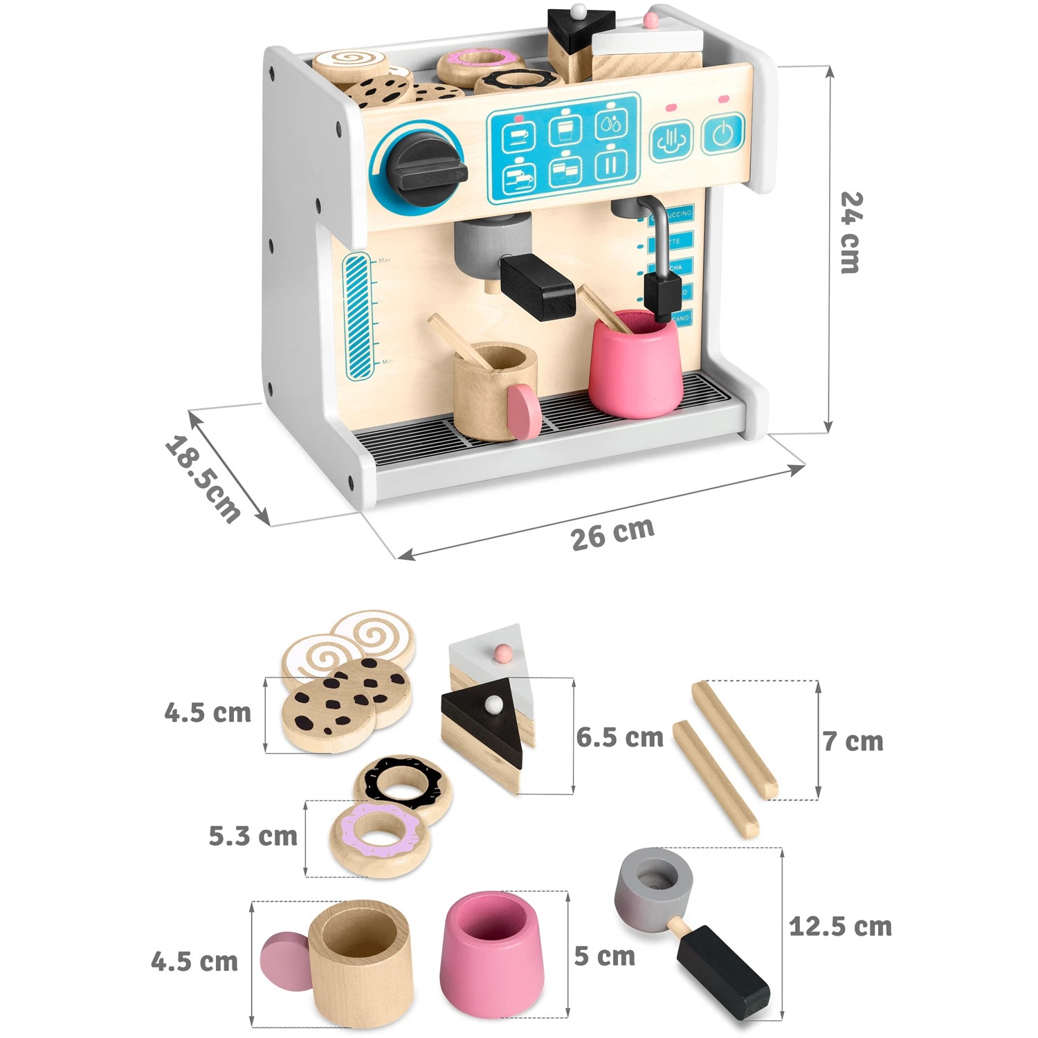 Set patiserie si aparat de cafea DacEnergy, realizat din lemn, cu prajituri, vesela, 26 x 18,5 x 24 cm, alba