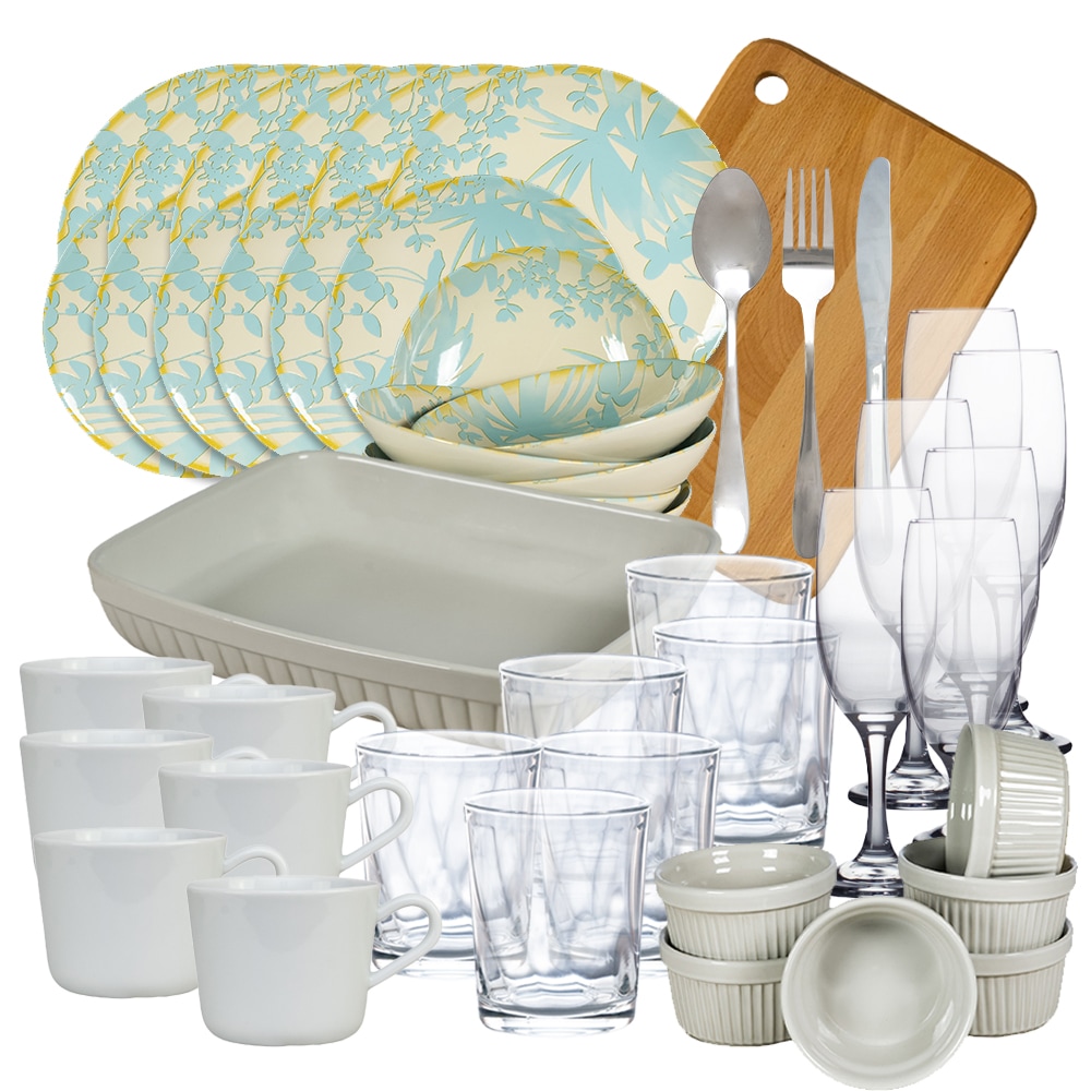 Set de masa cu farfurii, Blue Leaves, 62 piese, Crem/Albastru Deschis