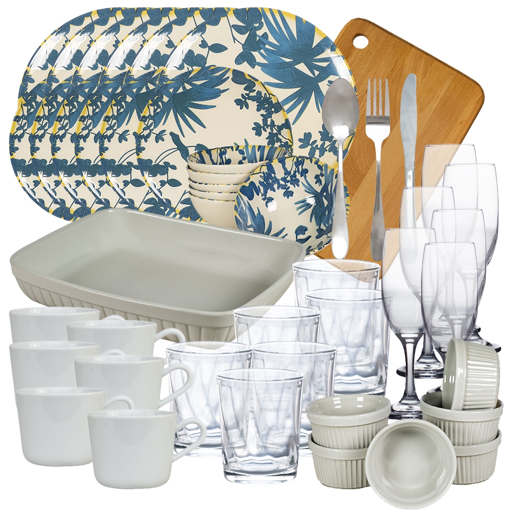 Set de masa cu farfurii, Blue Leaves, 62 piese, Crem/Albastru Inchis