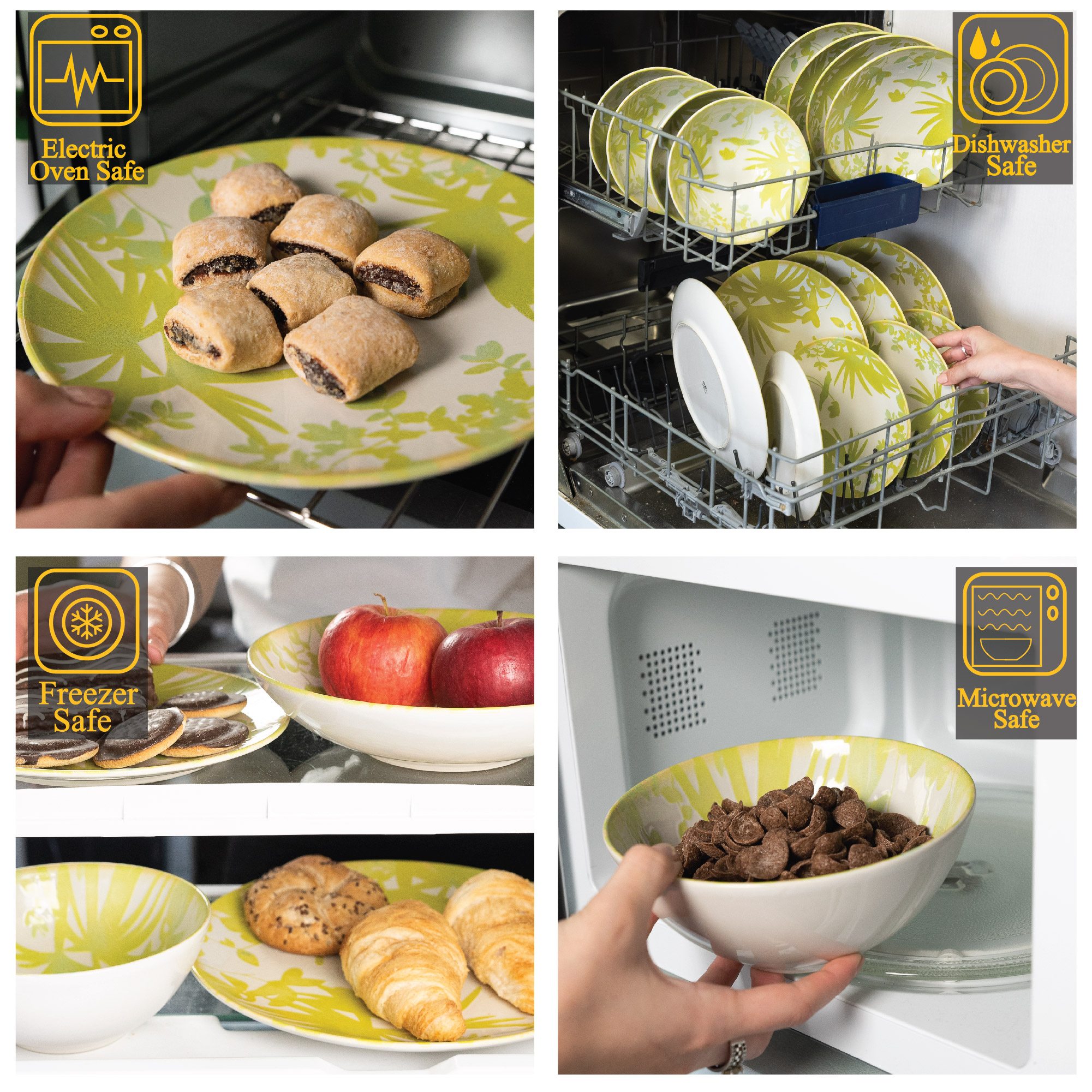 Serviciu Complet de Masa, 73 piese, pentru 6 persoane, Crem deschis, decorat cu frunze verzi