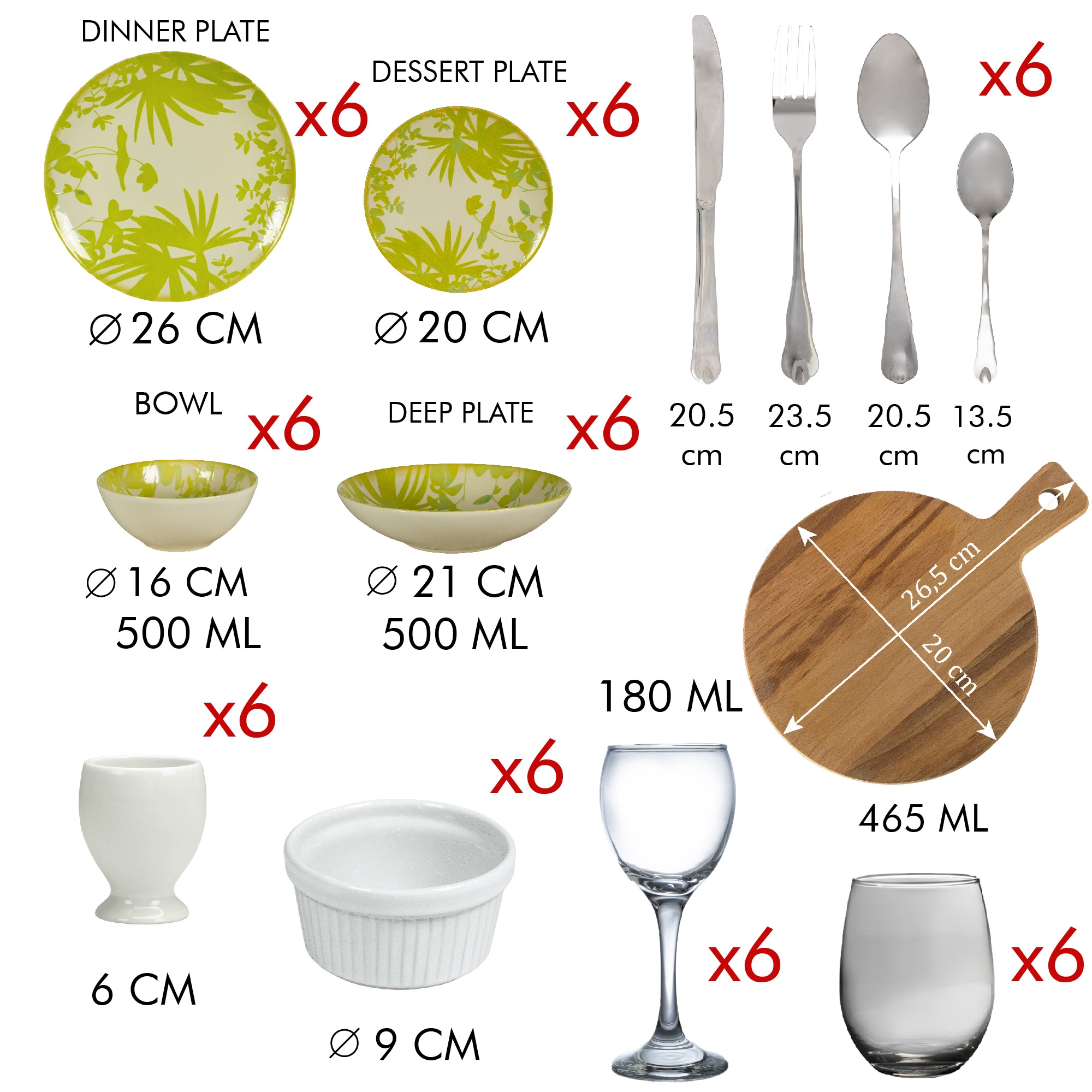 Serviciu Complet de Masa, 73 piese, pentru 6 persoane, Crem deschis, decorat cu frunze verzi
