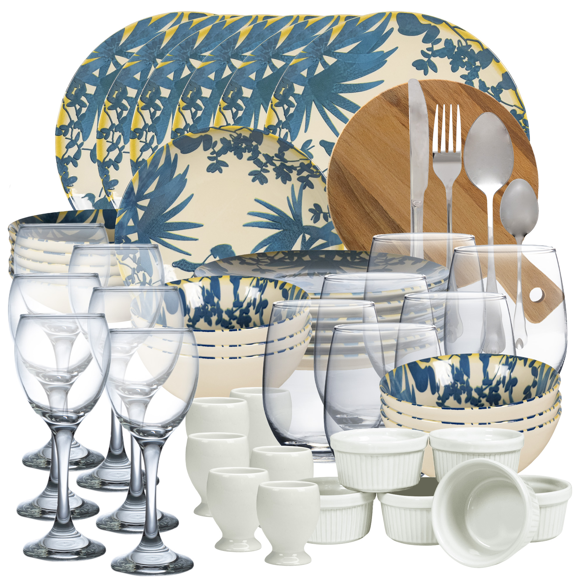 Serviciu Complet de Masa, 73 piese, pentru 6 persoane, Crem deschis, decorat cu frunze albastre