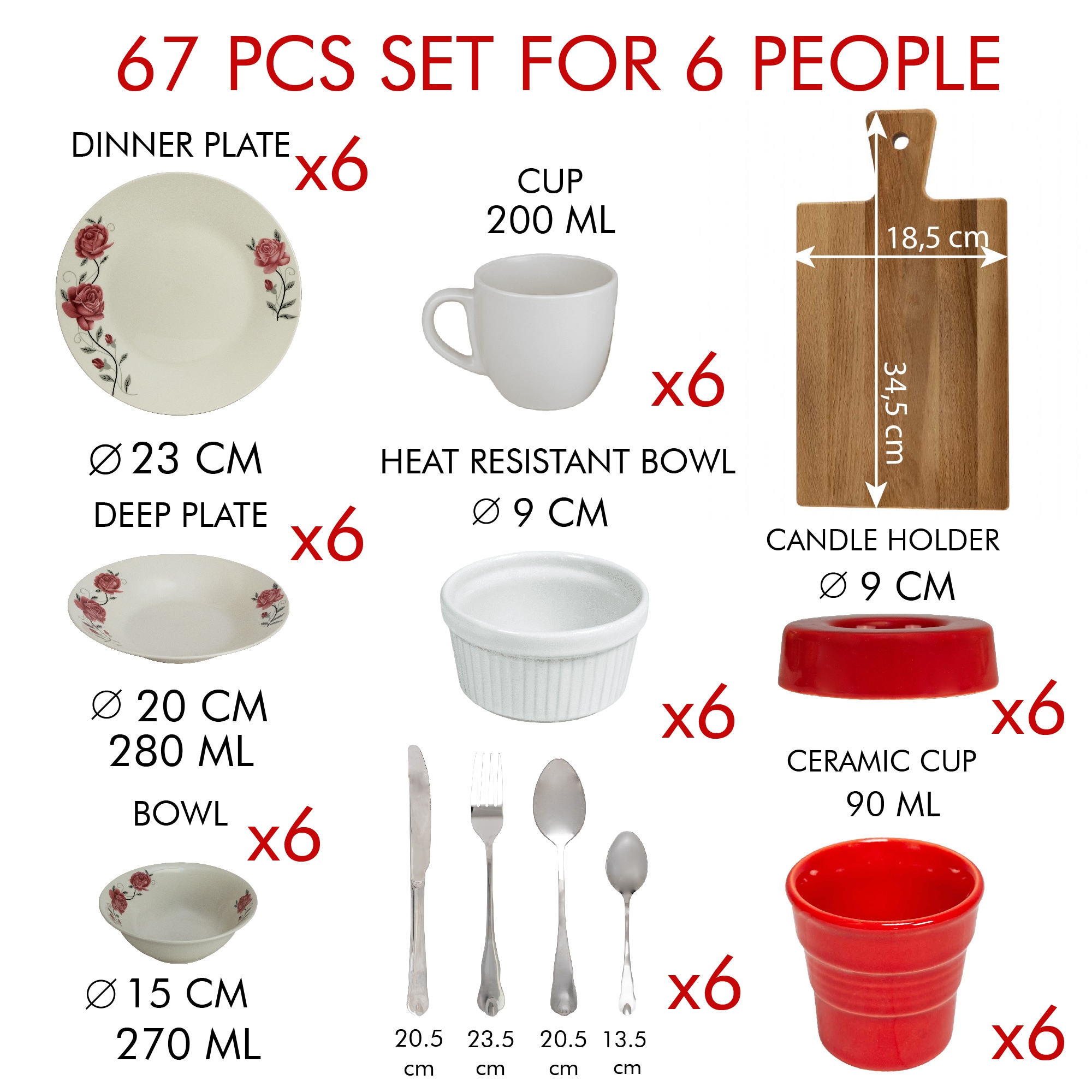 Serviciu Complet de Masa, Cesiro, 67 piese, pentru 4 persoane, Portelan, decorat cu trandafir roz