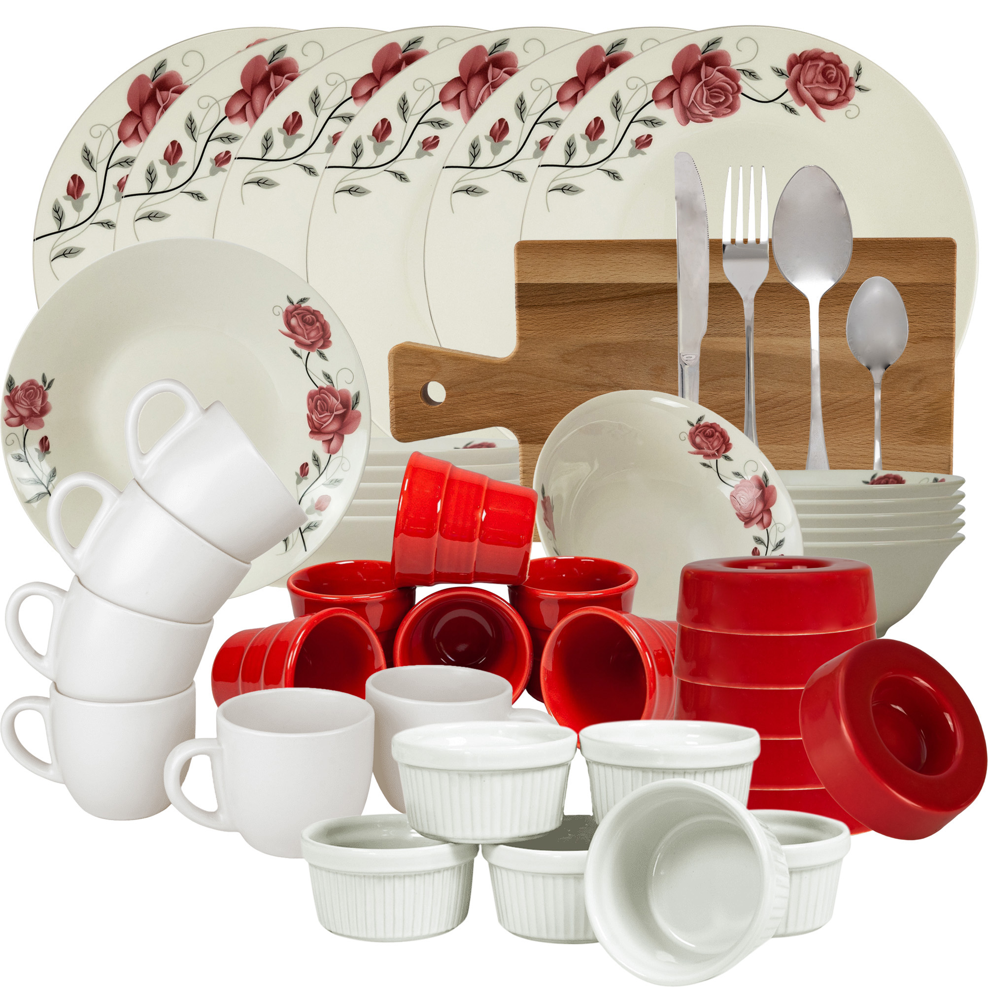 Serviciu Complet de Masa, Cesiro, 67 piese, pentru 4 persoane, Portelan, decorat cu trandafir roz