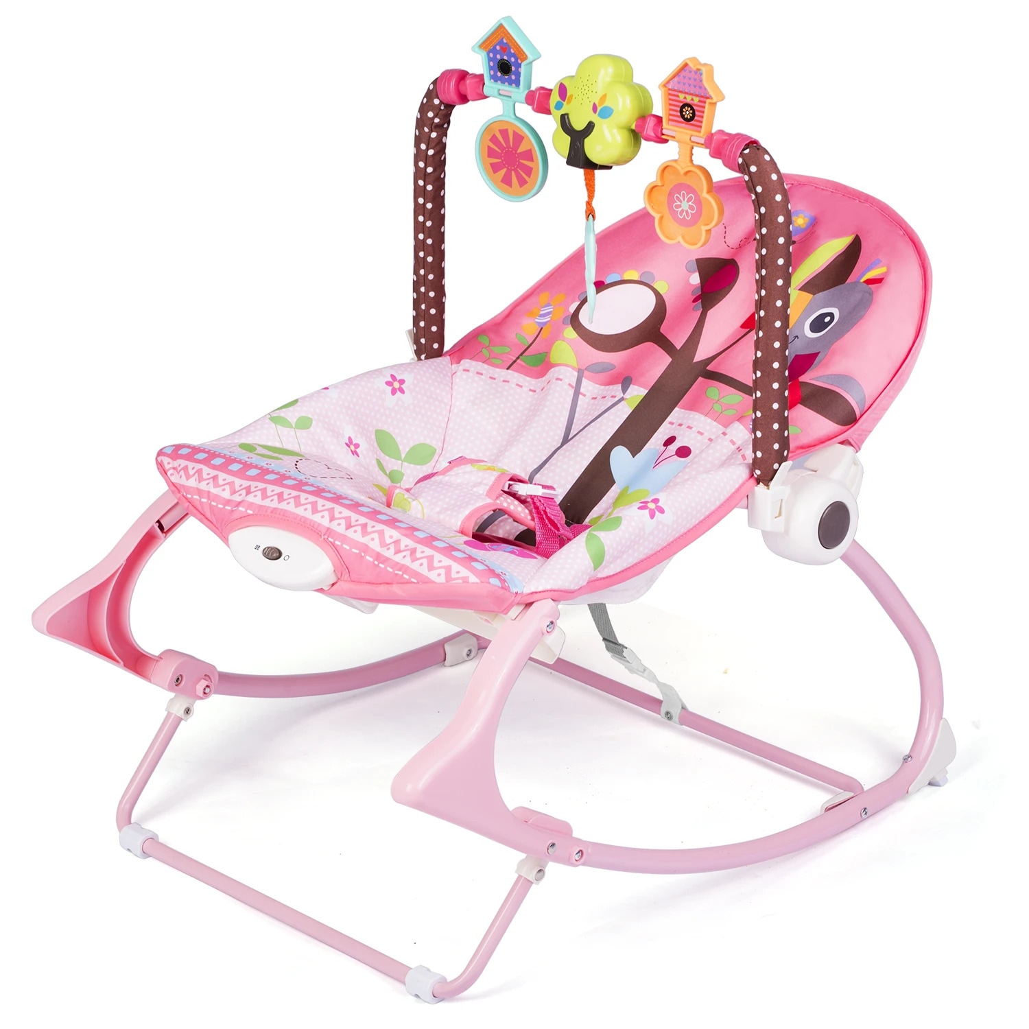 Balansoar multifunctional DacEnergy, cadru metalic, cu vibratii, centura de siguranta, reglabil spatarul, 0-18 kg, bara jucarii, husa detasabila, roz