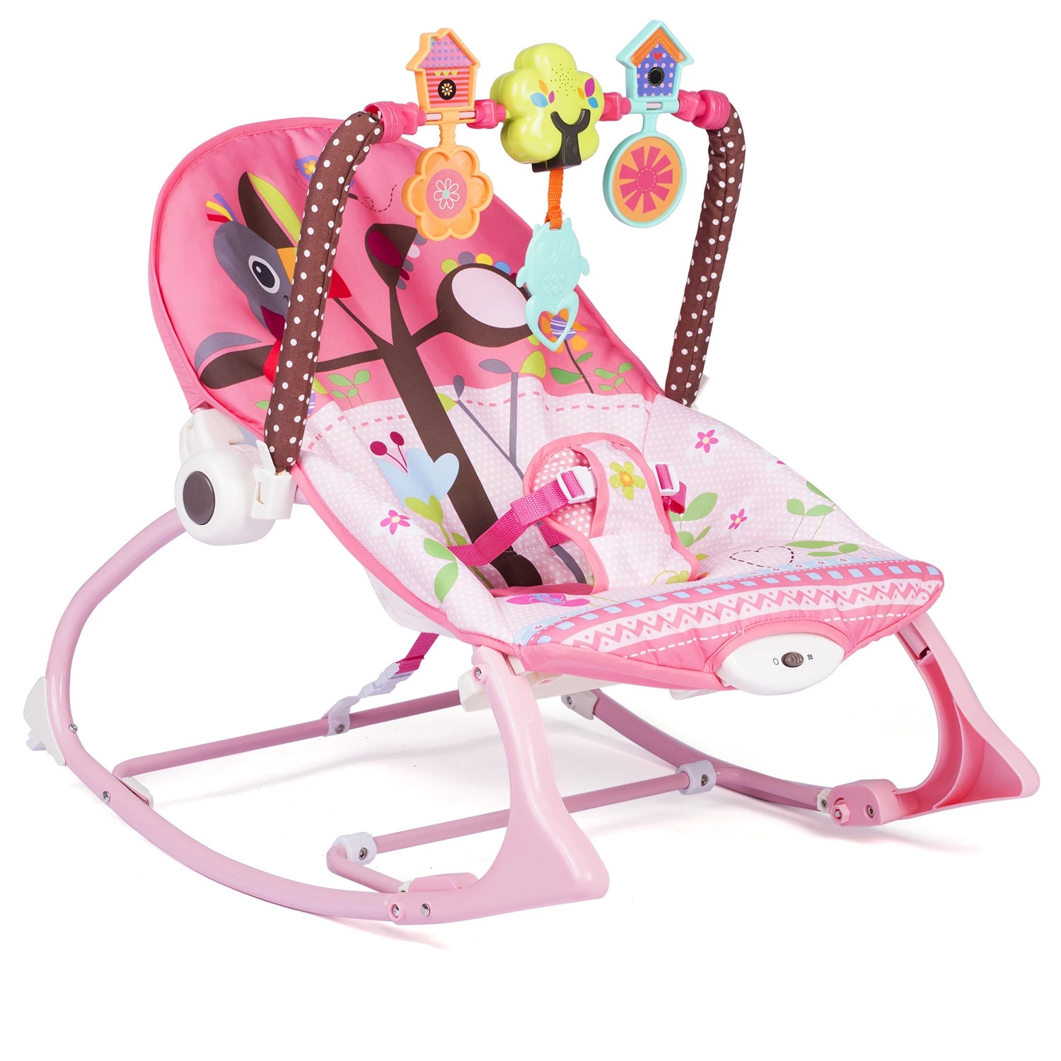 Balansoar multifunctional DacEnergy, cadru metalic, cu vibratii, centura de siguranta, reglabil spatarul, 0-18 kg, bara jucarii, husa detasabila, roz