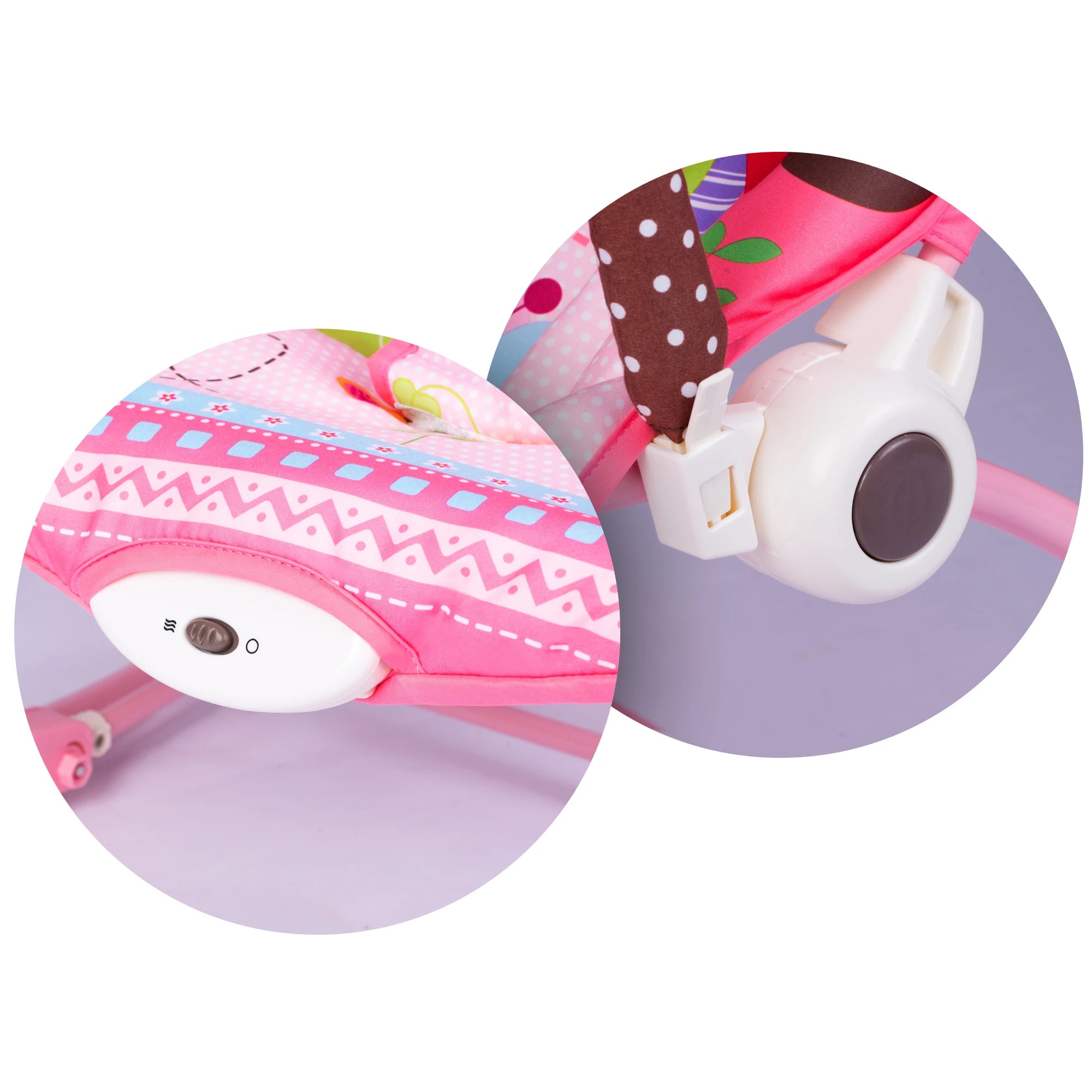 Balansoar multifunctional DacEnergy, cadru metalic, cu vibratii, centura de siguranta, reglabil spatarul, 0-18 kg, bara jucarii, husa detasabila, roz