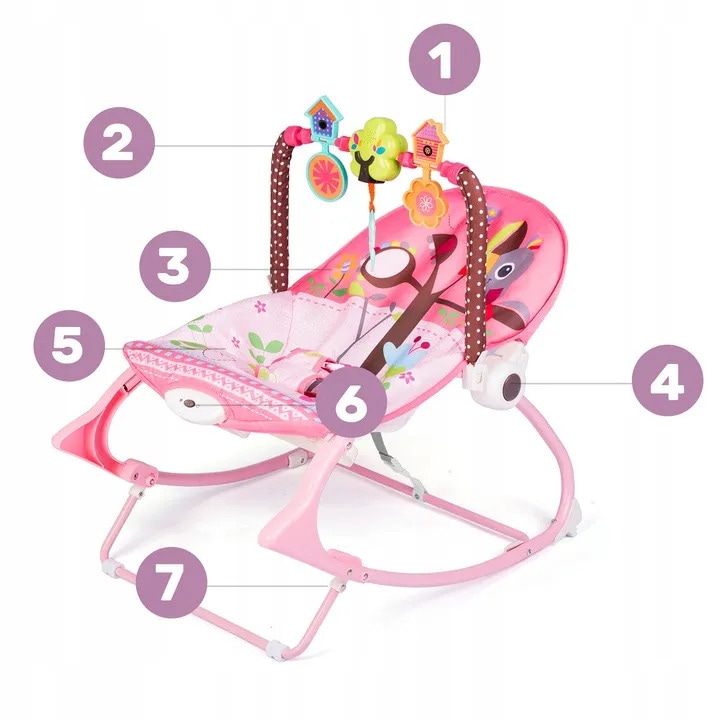Balansoar multifunctional DacEnergy, cadru metalic, cu vibratii, centura de siguranta, reglabil spatarul, 0-18 kg, bara jucarii, husa detasabila, roz