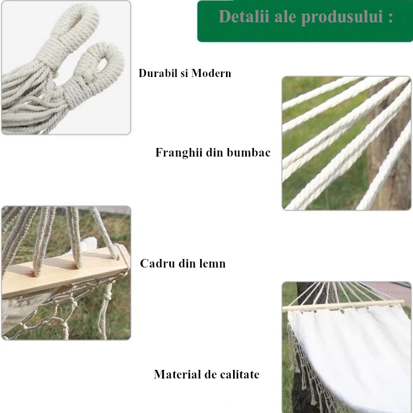 Hamac dublu, cu franjuri, cadru din lemn, pentru gradina sau curte, crem, 140x200, buz